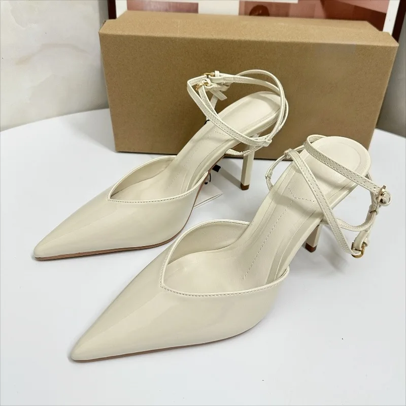 

Elegant Patent Leather Brand Pumps for Women Ankle Strap Pointed Toe Plus Size Stilettos Bridal Office Ladies High Heels Shoes