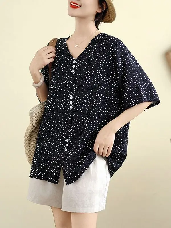 루즈핏 코튼 린넨 V넥/라운드넥 물방울 무늬 여성 상의 한국 스타일 여름 신상 큰 사이즈 중년 여성 상의