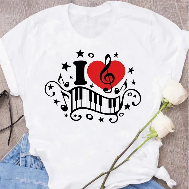 Nueva camiseta Harajuku divertida con notas musicales artísticas, camiseta a la moda para mujer, camisetas de música, camiseta de manga de talla grande, camiseta informal para mujer Y2K