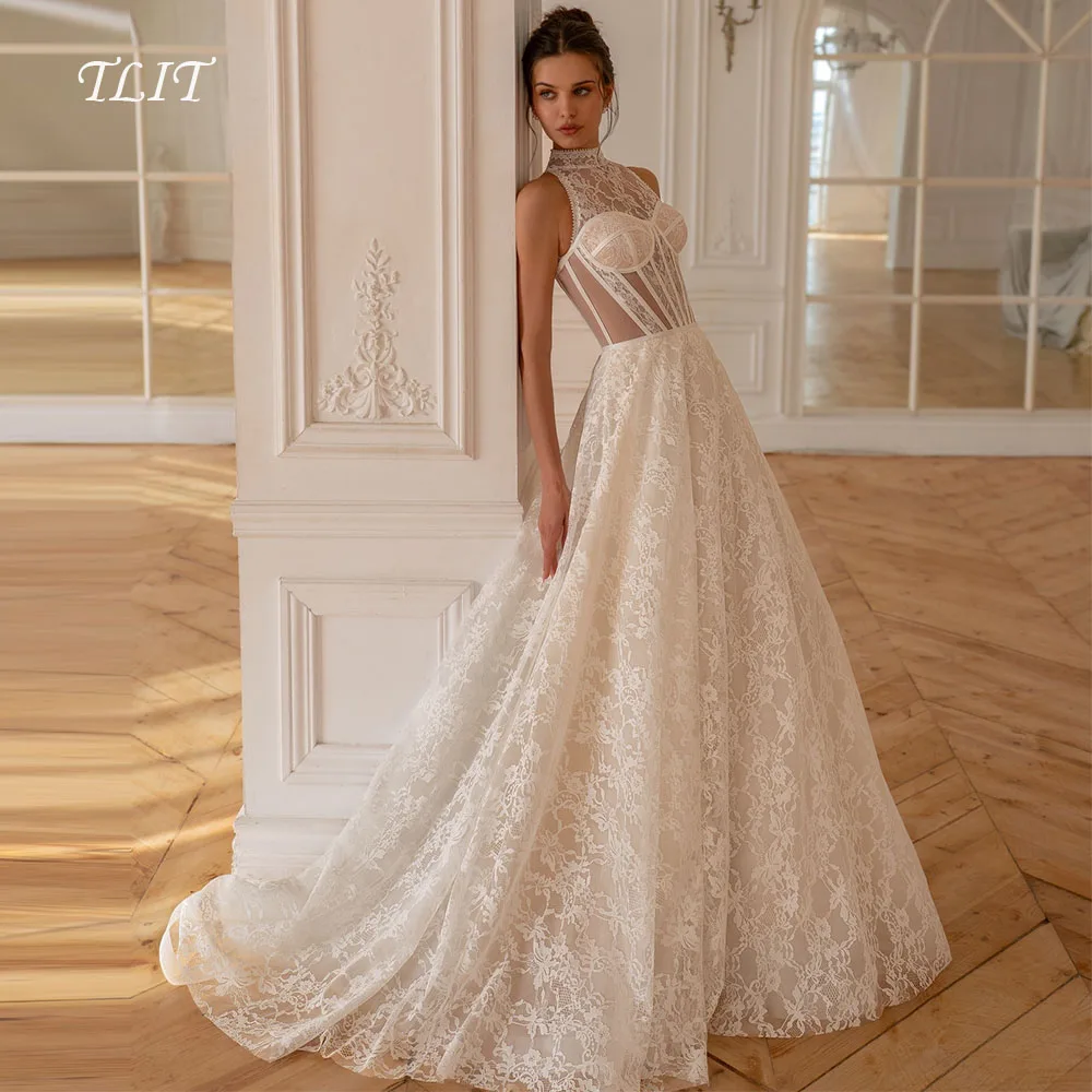 

Винтажные свадебные платья TLIT из кружева цвета слоновой кости, А-силуэт, на заказ, с вырезом халтер, на молнии, с жемчугом