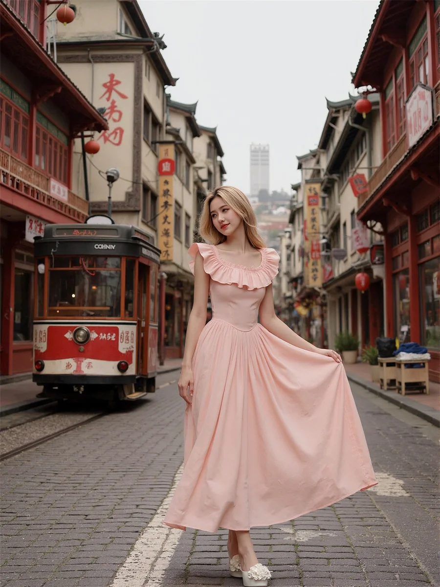 Women'S Pink Dress Woman Square Collar Tierred Ruched Silky Silk Satin Velvet Chiffon Soft Shiny Matte Glossy Texture Fabric