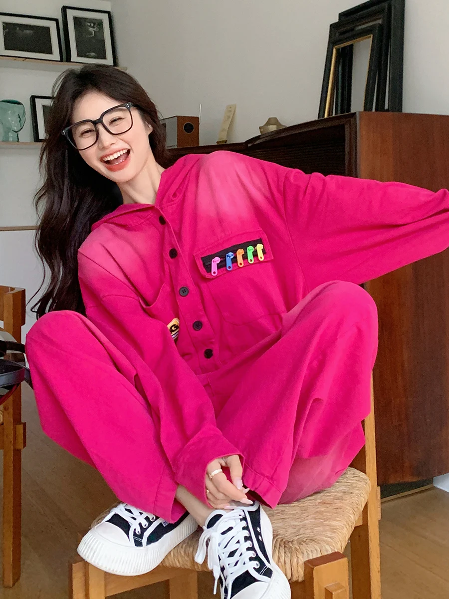 

Pink Denim Overalls Women's Loose Casual Straight Leg Pants High Waist Spring Autumn New Sle Faion Ladies Jeans