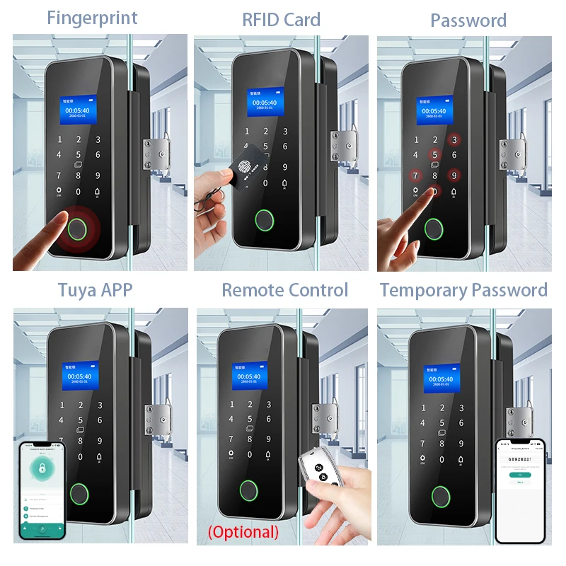 Smart Door Lock Fingerprint Glass Door Remote Control Tuya APP Card Digital Code Electronic Suitable offices view 3