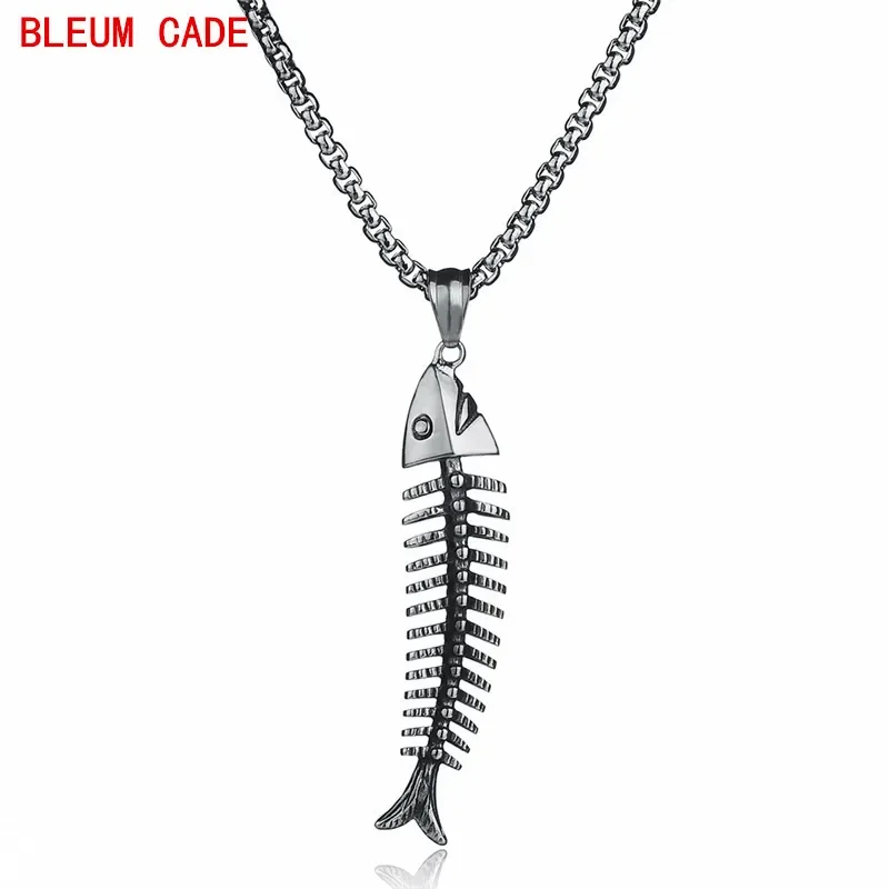 Titanium Stainless Steel Fish Shape Fishbone Pendant Necklace Gothic Style Male Pendant Necklace Punk Boho Jewelry Gifts