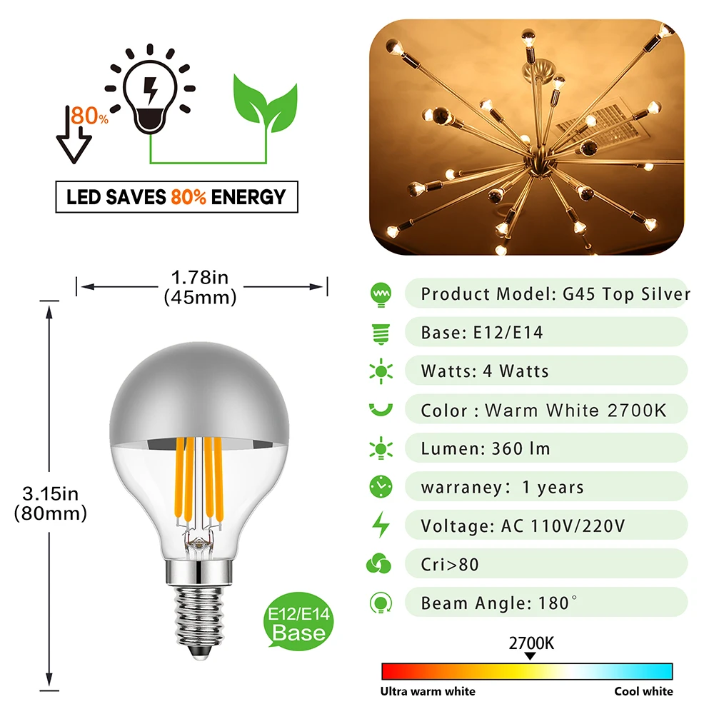 G45 Edison LED Night Bulb E12 E14 E26 E27 4W Dimmable 110V 220V Globe Top Silver Warm White Mirror Light Pendant Lamp Home Decor