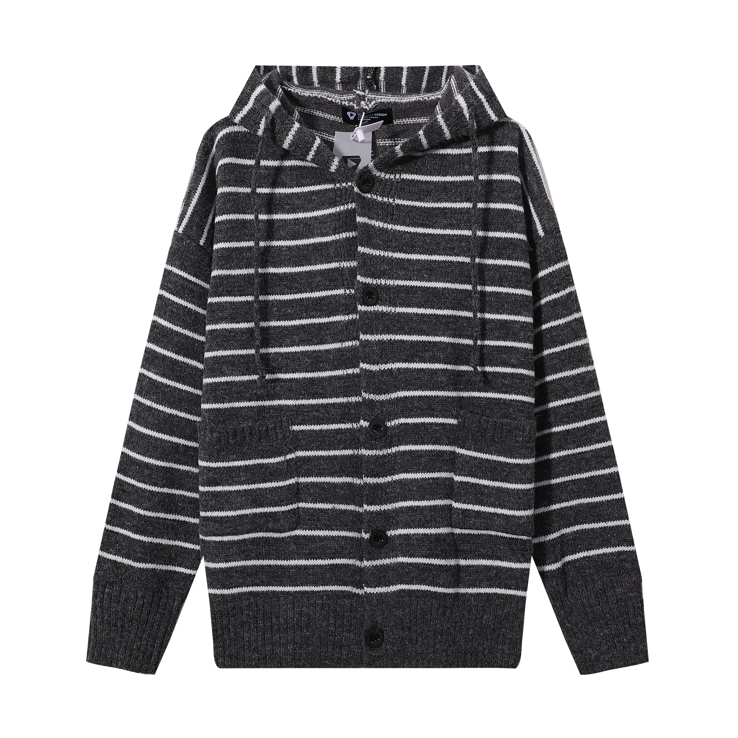 

Autumn and Winter Oversized Striped Hooded Cardigans Sweaters Button Up Cable Knit Sweater Jackets Outerwear with Pockets