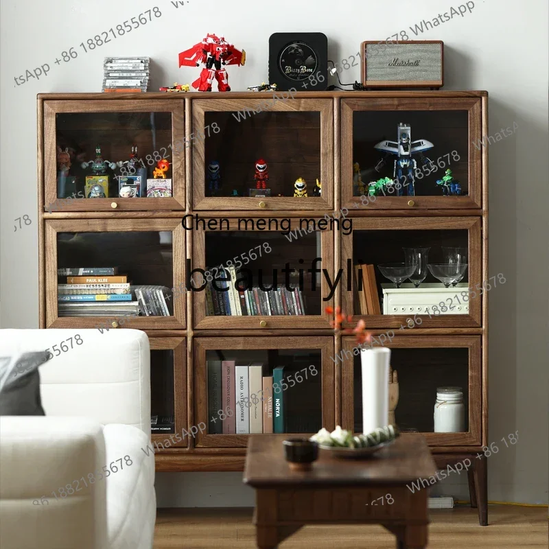 

B7304 All solid wood glass flap cabinet combined storage black walnut figure display cabinet rattan dining side cabinet