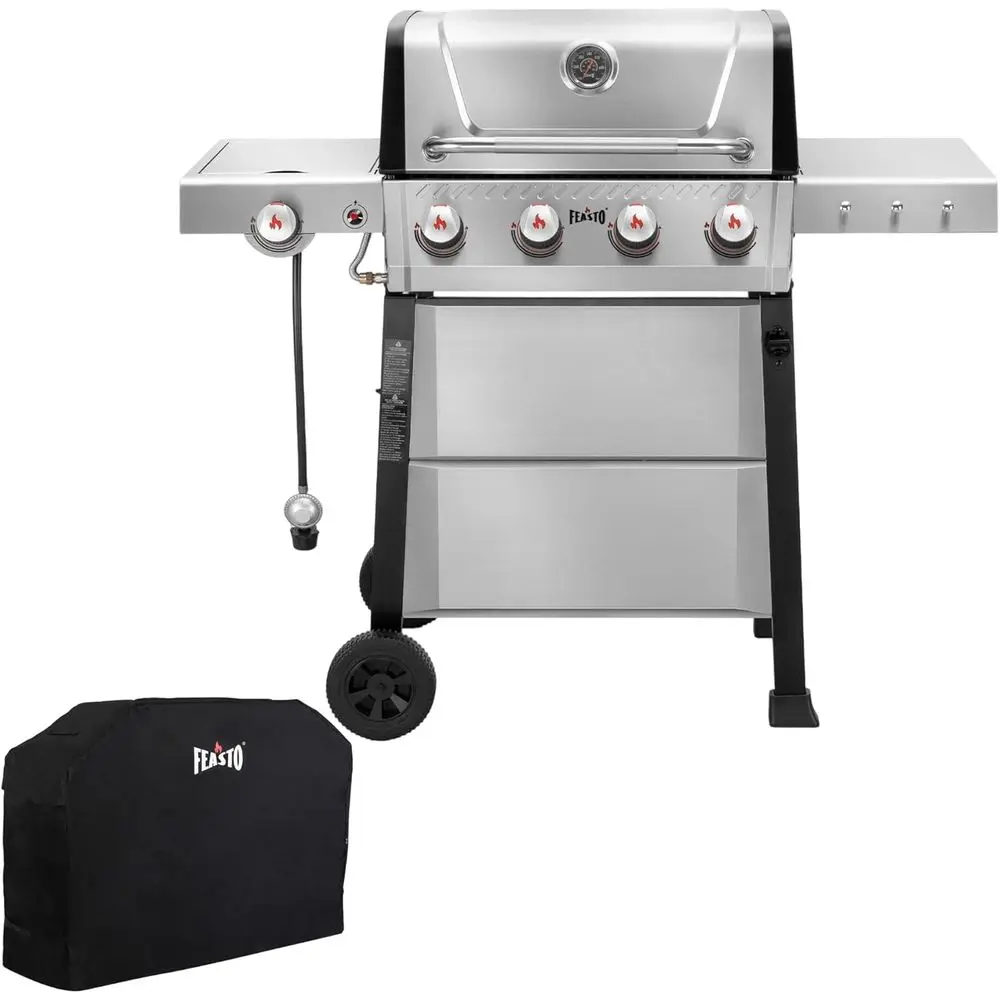 

Уличный гриль для барбекю из нержавеющей стали с 4 конфорками, эмалированными чугунными решетками и крышкой