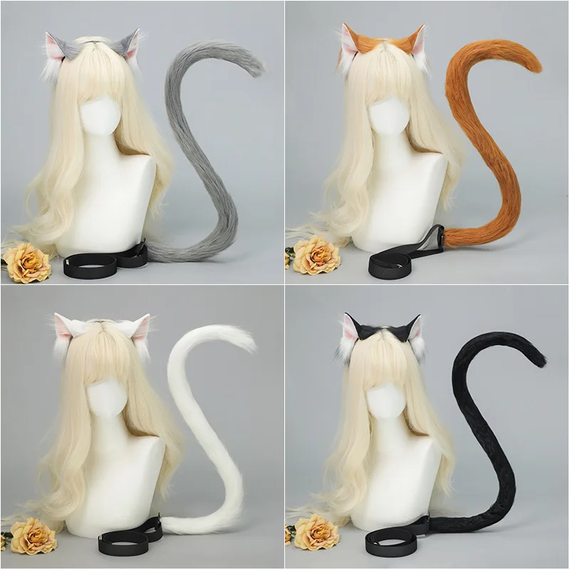 

Girls Halloween Simulation Animal Ear Headband Handmade Plush Cos Cat Ear Props Comic-Con Headdress Cat Ear Cat Tail Set