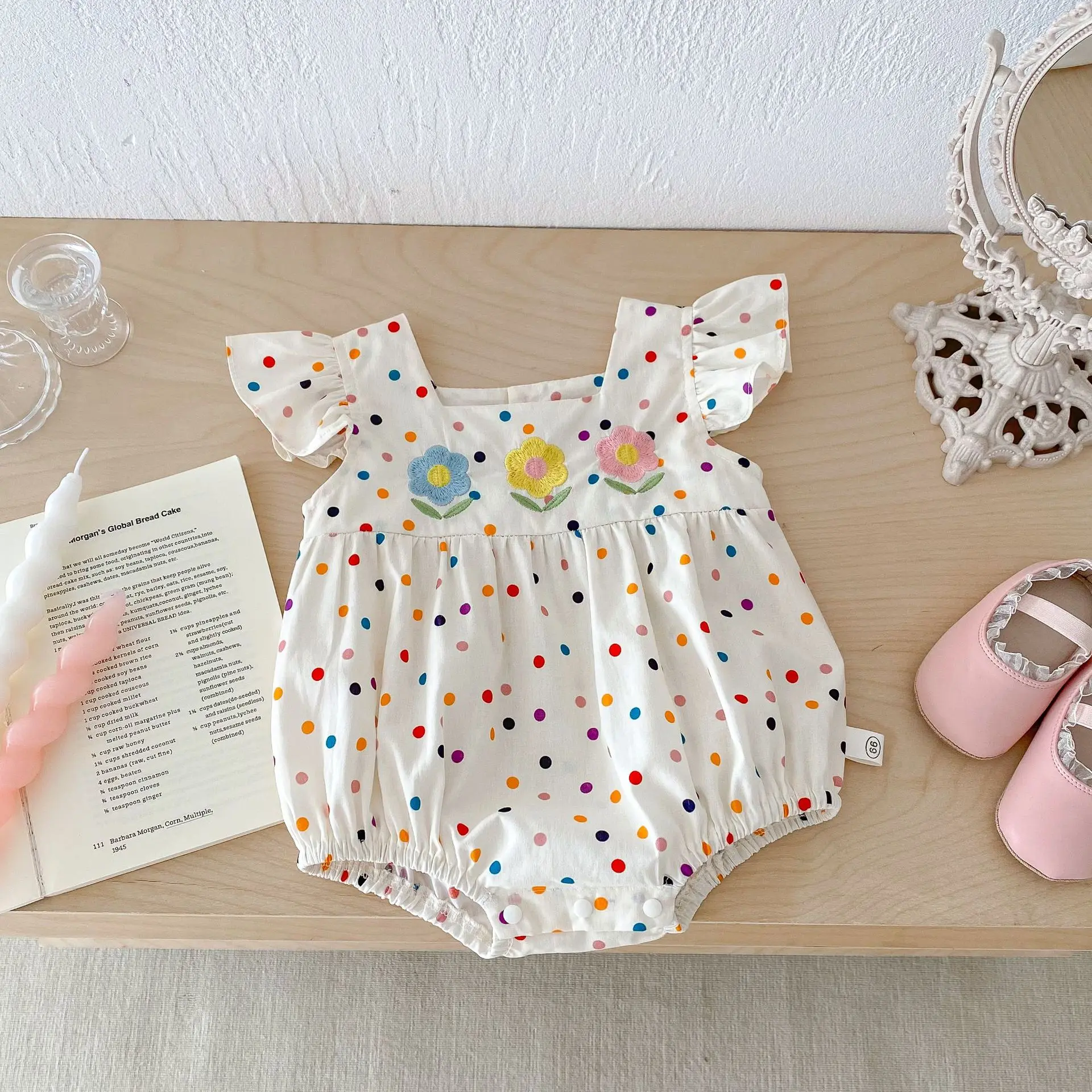 

Summer Baby Girl Polka Dot Bodysuit Cotton Newborn Fly Sleeve Romper Flower Embroidery Infant Onesie 0-2 Year Baby Girls Clothes