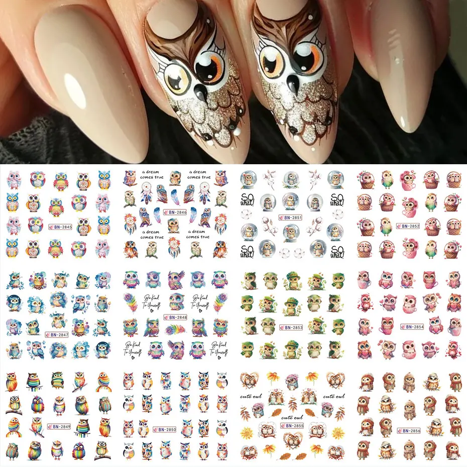 12Design Autunno Animale Nail Art Acqua Adesivo Cartoon Gufo Scoiattolo Volpe Riccio Trasferimento Slider Autunno Tema Frutta Manicure Decor