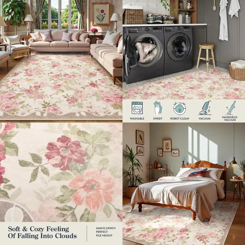 

Floral Boho Style 8x10 Area Rug, Soft Machine Washable Low Pile Pink Rug for Living Room & Bedroom