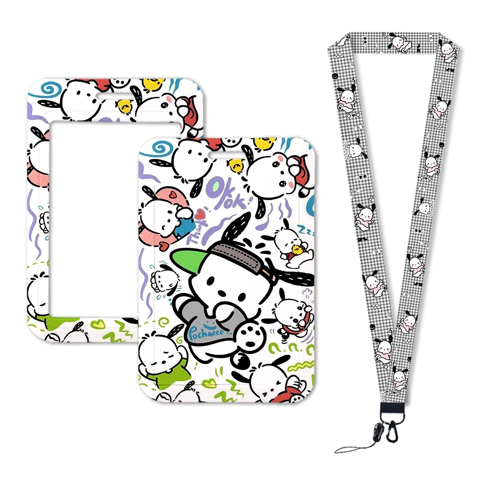 Sanrio Pochacco Foto Manga ID Card Neck Strap, W Cartoon Keychain, Chaveiro Rope Titular, Cão bonito