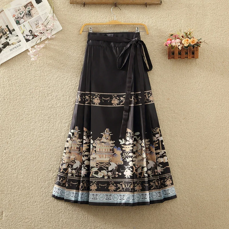 Ladies Fashion Chinese Style Design Vintage Horse Faced Skirts Women Clothing Girls Casual Clothes Female Long Black Plaid Skirt