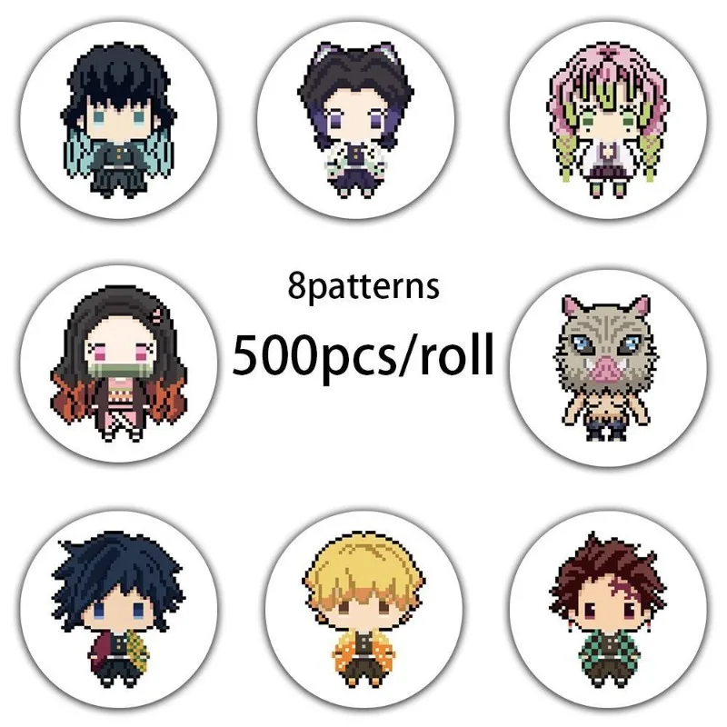 500 stks/rol Demon Slayer Cartoon Stickers DIY Anime Leuke Pixel Stickers Decoratieve Label Seal Kids Party Verjaardag Stickers Gift
