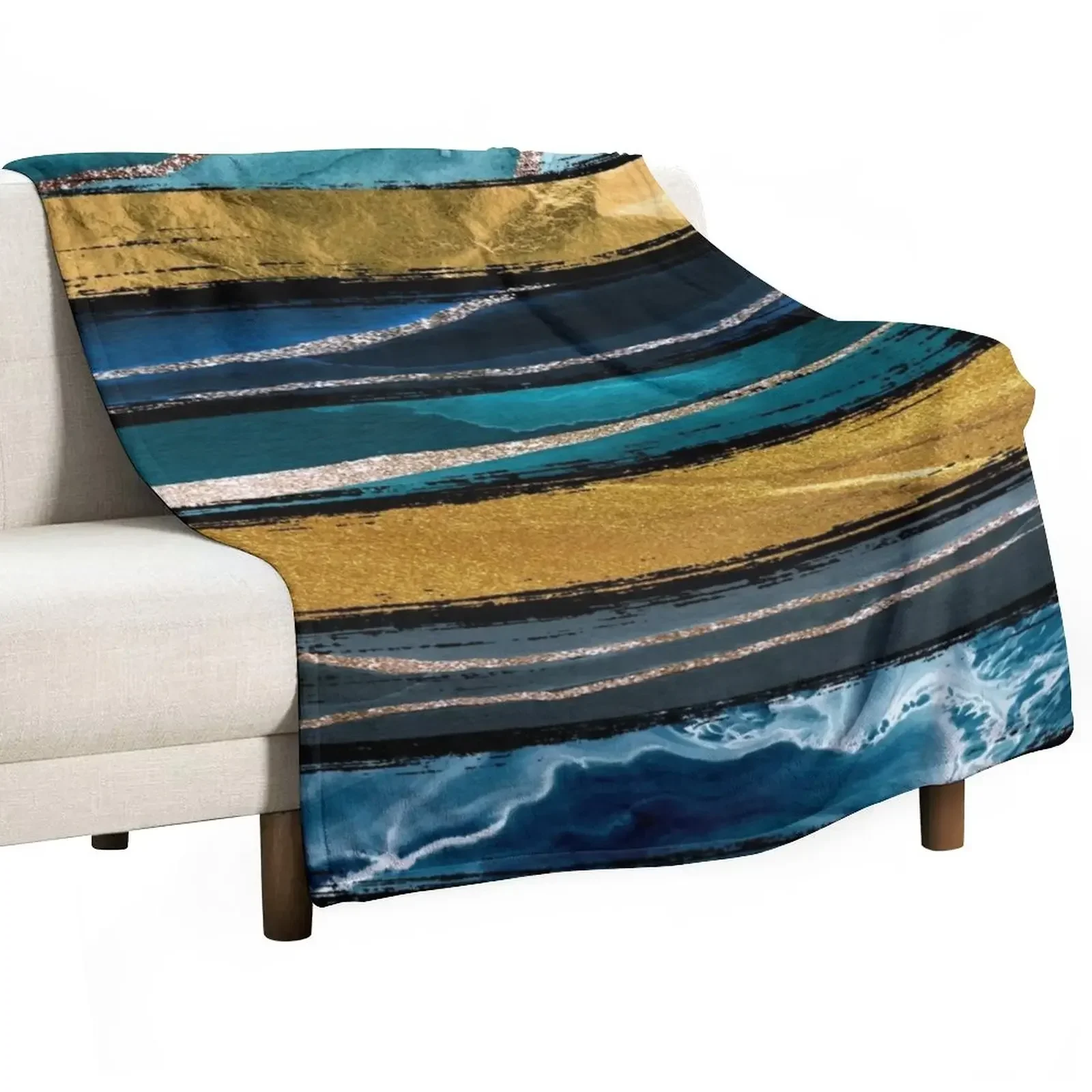 

Abstract Teal and Gold Brushstroke Throw Blanket Polar fluffy Blankets