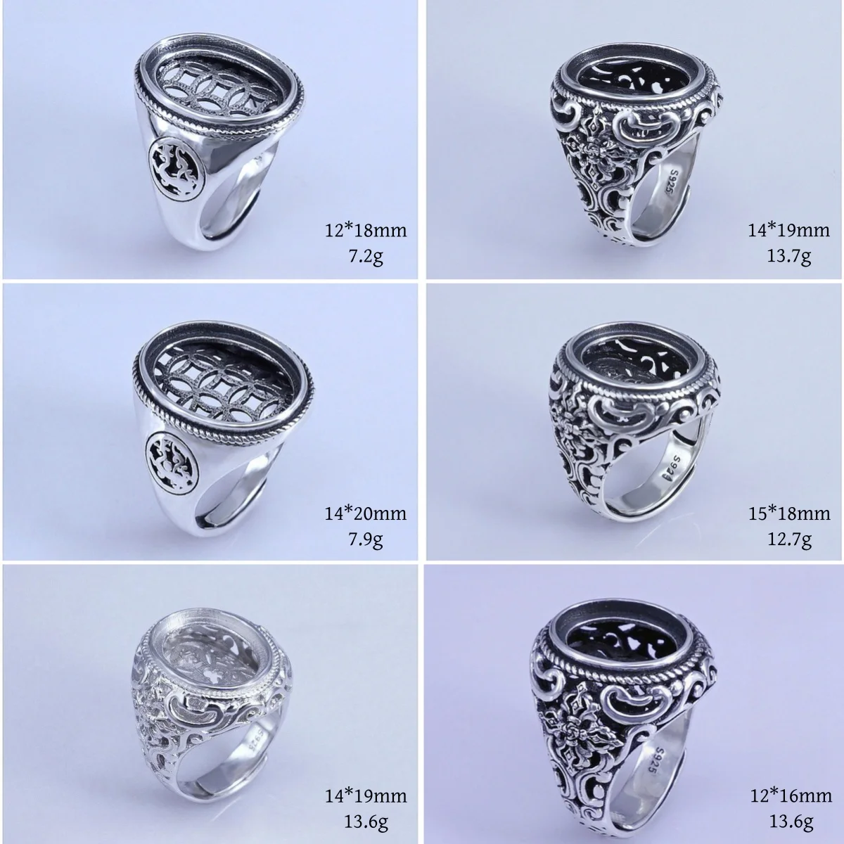 12*18/12*16/14*19/14*20/15*18mm Gemstone S925 Sterling Silver Ring Mesh Empty Flat Bottom DIY Support for Men Fine Charm Jewelry