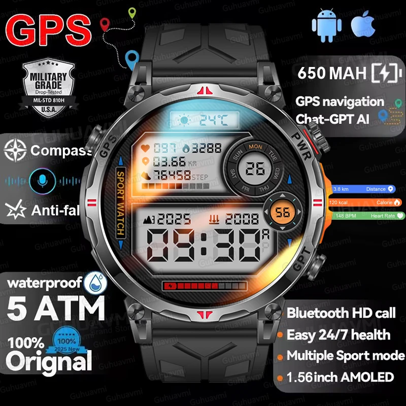 2026New Outdoors Military GPS Smart Watch Men 650mAh Compass Altimeter Clock 10ATM Waterproof Heart Rate Call Sports Smartwatchs