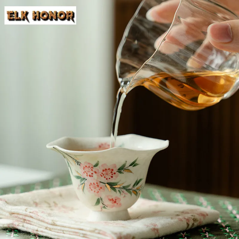 45ml Hand-painted Peach Blossom High Foot Teacup Luxury Tea Bowl Jug Tea-tasting Smelling Cup Jianzhan Master Cups Cafes Craft