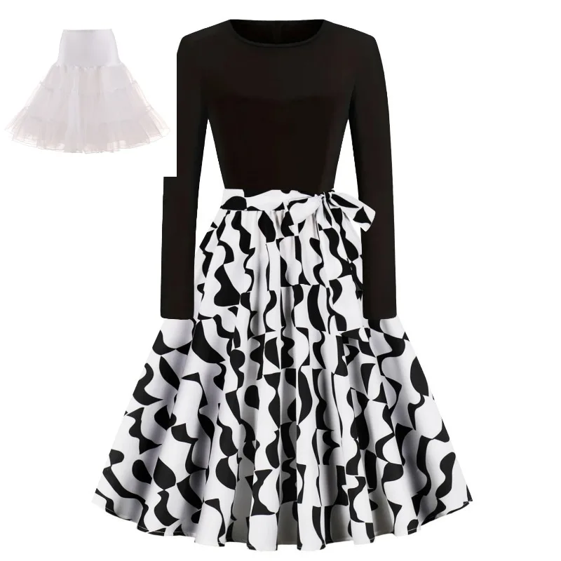 Nice Women O Neck Long Sleeved Patchwork Print Hepburn Dress with white tutu skirt Spring Autumn Party Evening Cocktail Dresses