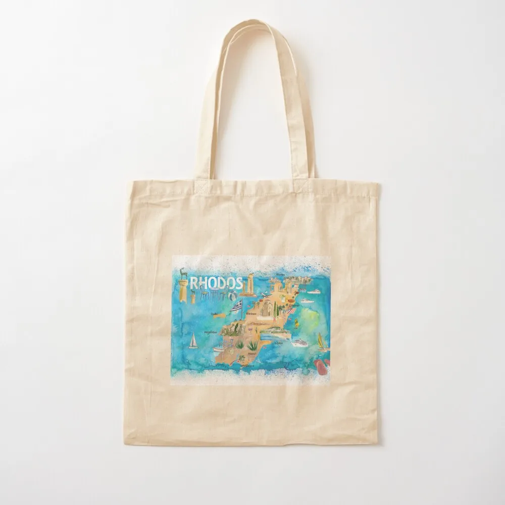 Rhodes Greece Illustrated Map with Landmarks and Highlights Tote Bag Shopper bag Candy bags the tote bag