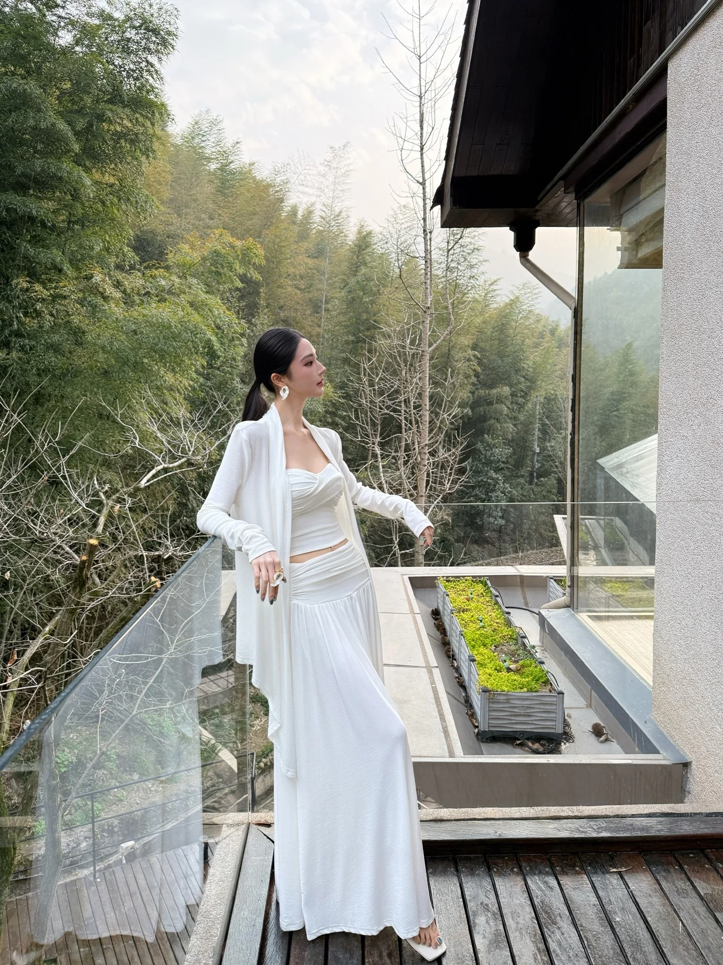 

Elegant ALIN Three-Piece Set with Open Cardigan Strapless Skirt Long Dress Versatile Long Sleeve round Neck Loose Fit Summer ...