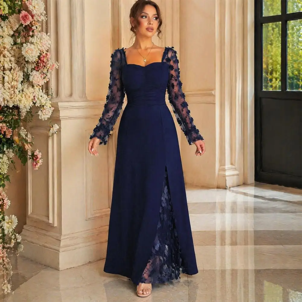 Langes Kleid mit Blumenspitzenärmeln für Damen, A-Linien-Kleid mit quadratischem Ausschnitt und Rüschen, einfarbiges Maxikleid mit schmaler Taille für Partys