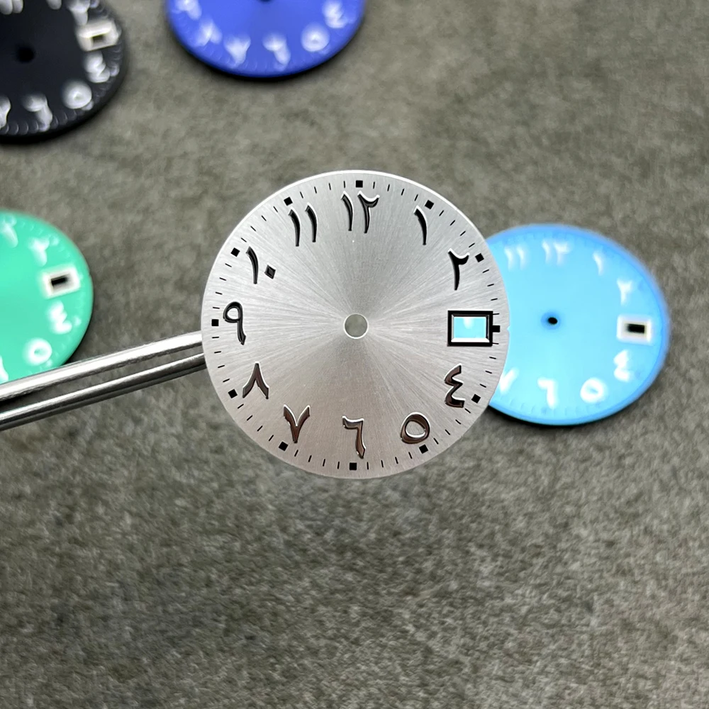 28.5mm Watch Dial for NH35/NH36 – Sunburst Finish with Arabic Numerals, 6 Feet, Date Window, Mechanical Watch Mod Parts