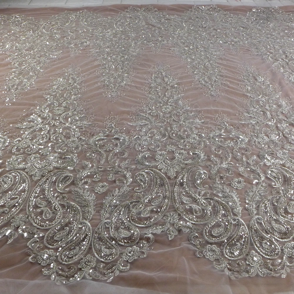 White silver fashion heavy beaded sequin lace fabric bridal wedding dress lace fabric 51\'\' width 1 yard