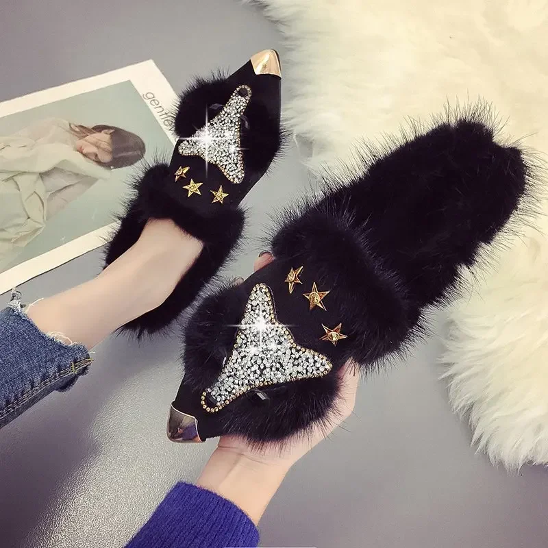 Women Ankle Boots Crystal Fox Head Women Boots Winter Fashion Metal Pointed Toe Fluffy Plush High Heel Ladies Wedding Party Shoe