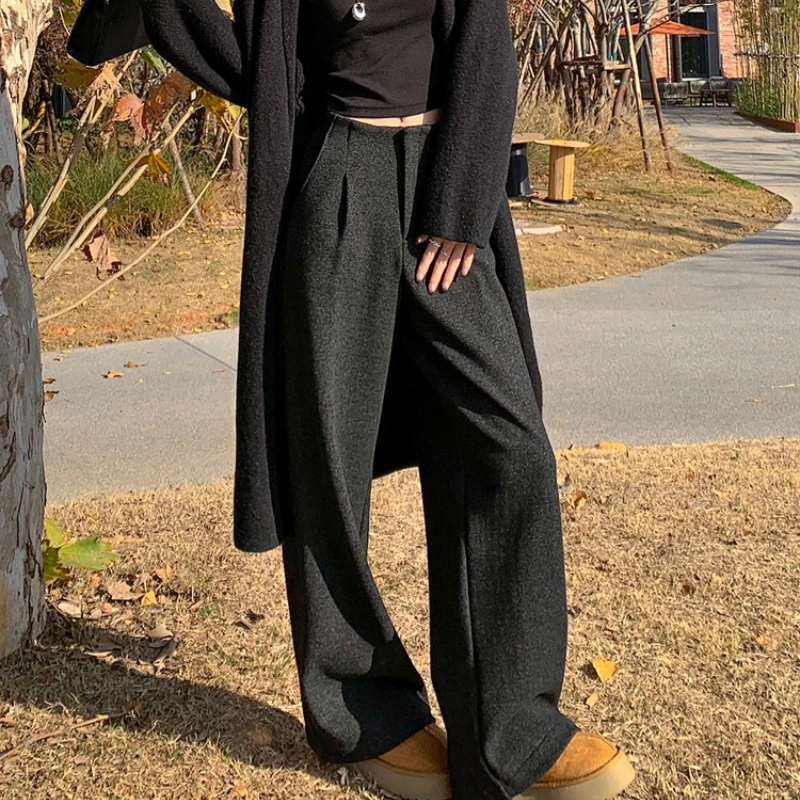 Alta qualidade cashmere calças de perna larga feminina outono inverno calças de cintura alta feminino casual streetwear calças de perna reta 2025