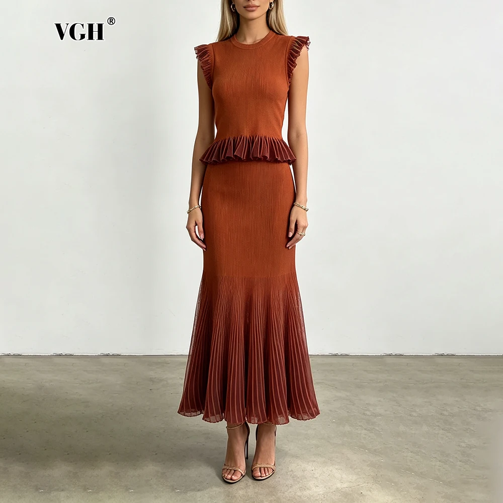 VGH Ribbed Knit Two Piece for Women Round Neck Ruffle Cap Sleeve Sheer Pleated Midi Skirt for Soft Tone Birthday Banquet Outfit