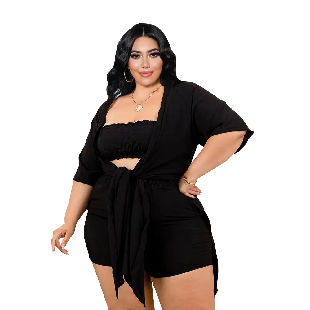 2022 Elegant Solid Color Lace Up Summer Outfits Women Sexy Tube Top Plus Size Three Piece Short Sets Wholesale Dropshipping