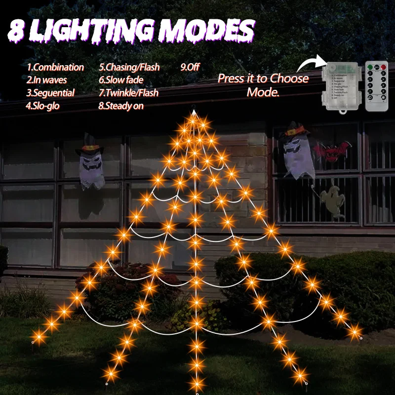 250 LED Illuminated Halloween Spider Web, Light Purple Triangle Net Plush Spider, Outdoor Garden Porch Party Haunted House, Deco