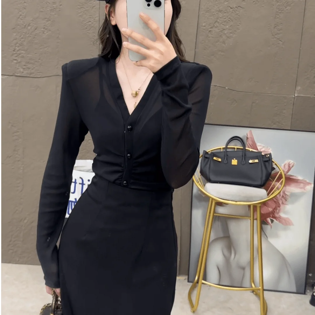 French Sweet and Spicy Mesh Single Breasted Long Sleeved Shirt for Women New Style Queen Style Fashion Top