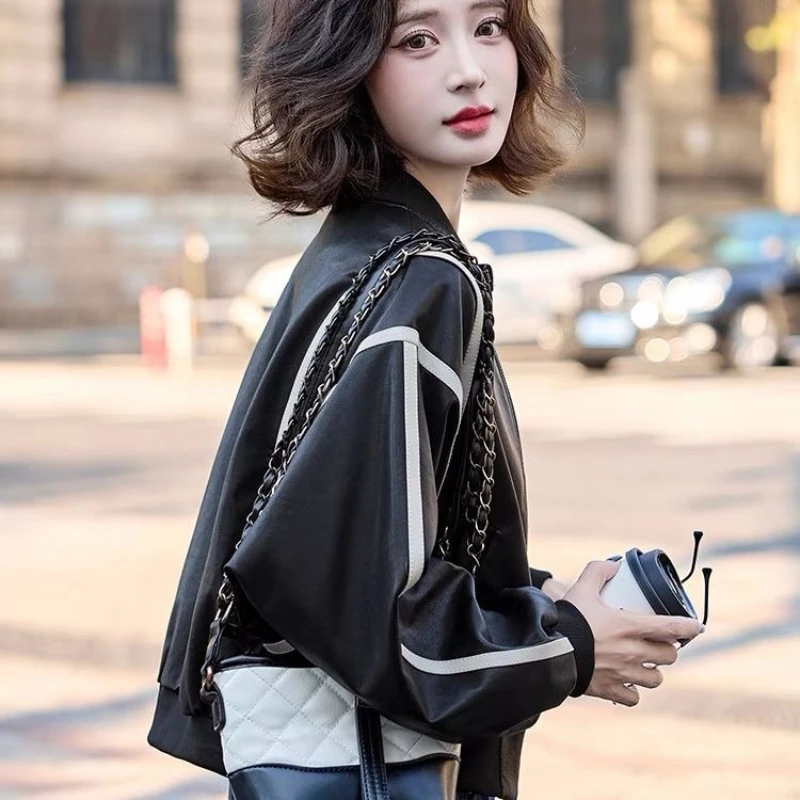 2025 Giacca bomber in pelle a blocchi di colore a contrasto oversize da donna Moda giovanile stile streetwear Capispalla primavera autunno