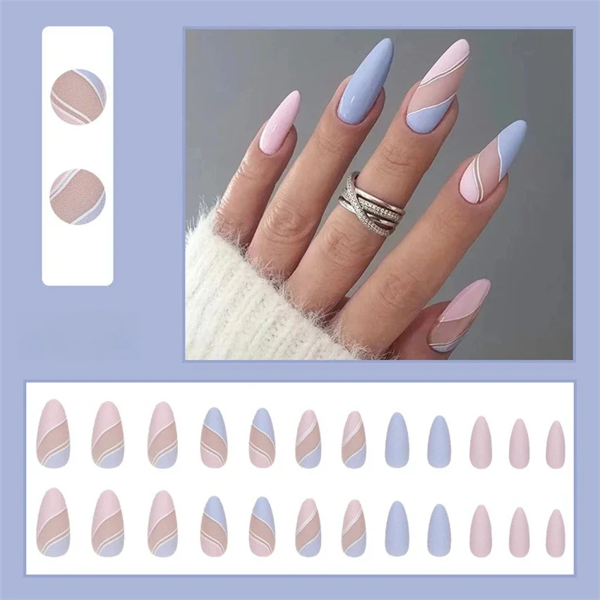 24 pçs/set fresco pequena flor bonito branco vestindo unhas falsas moda francesa amêndoa imprensa em unhas adesivos acrílico dicas de unhas falsas