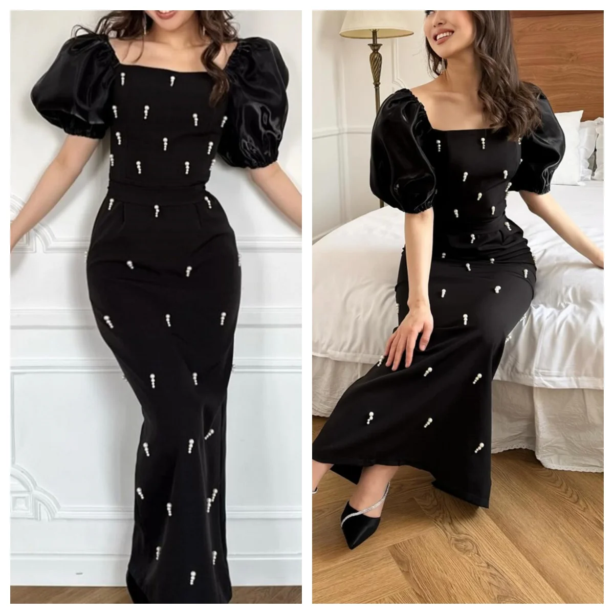 Vestido de noche personalizado Jersey negro clásico cuello cuadrado fuera del hombro mangas cortas A-Line rebordear vestidos para ocasiones especiales