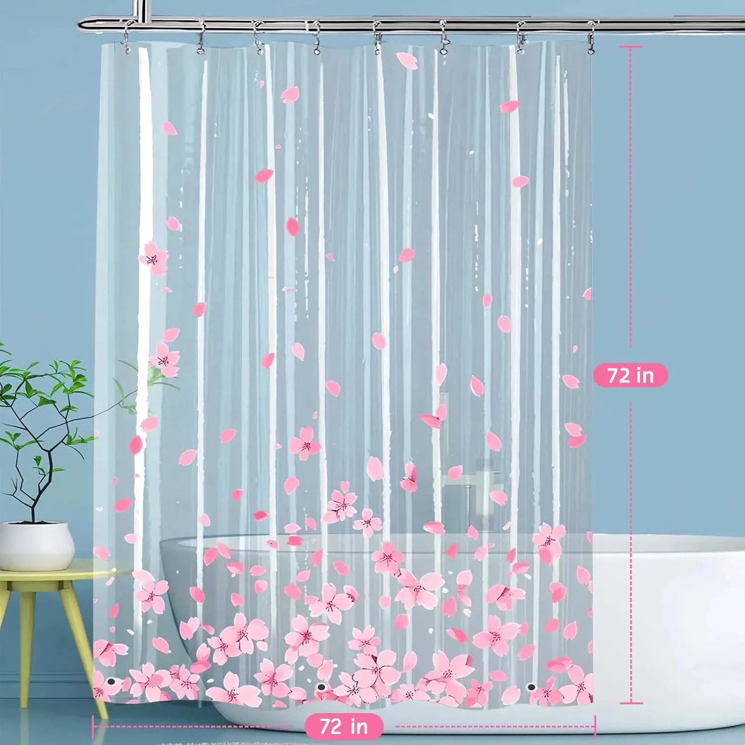 PEVA Pink Cherry Blossom Print Transparent Bath Curtain | Waterproof Rustproof Grommets | 3 Weighted Magnets Anti-Slip
