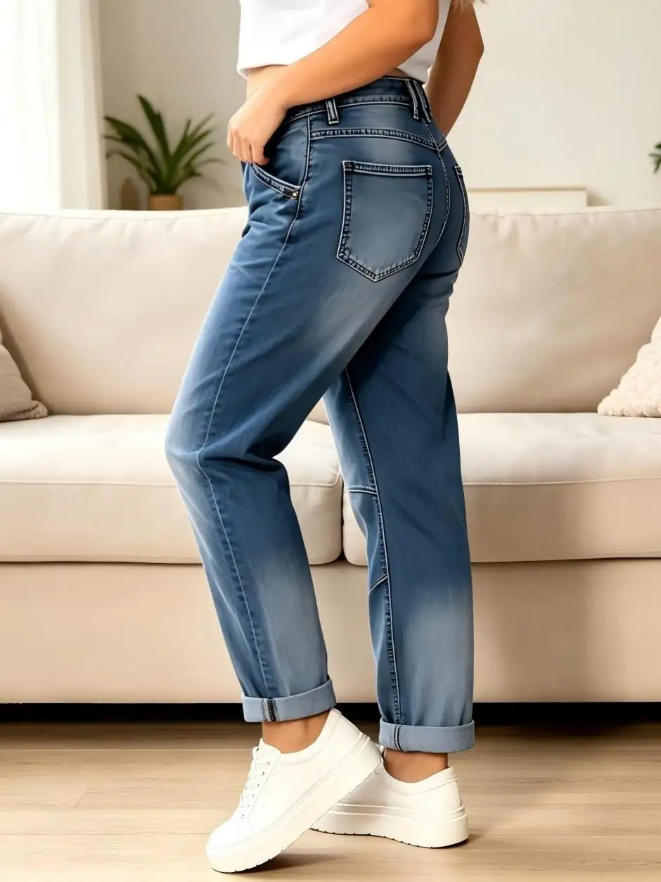 【HME】Jeans | Vintage Casual Style Women Denim Pants, Multi‑Button Fly Straight‑Leg Denim Jeans, Faded Gradient Wash, Eye‑Catching Contrast Stitching, Rollable Cuffs For Laid‑Back Look, Stretch Comfort For Shopping Commute Multi‑Occasions