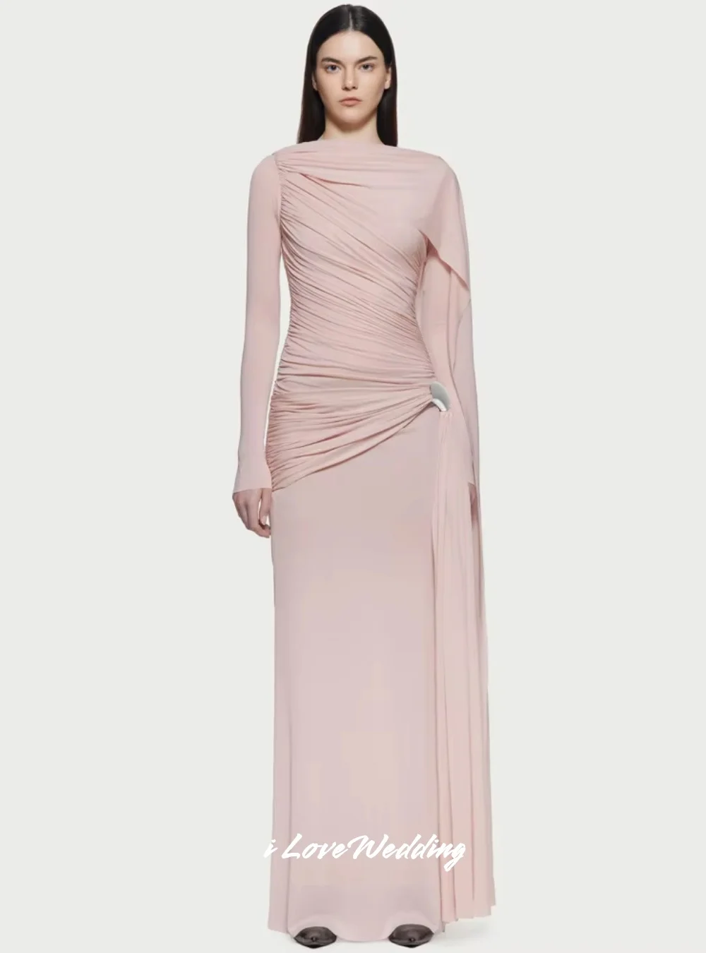 

Pink O-Neck Evening Dresses 2025 Satin Long Sleeve Shawl Mermaid Floor-Length Elegant Pleated Wedding Party Dresses Customized