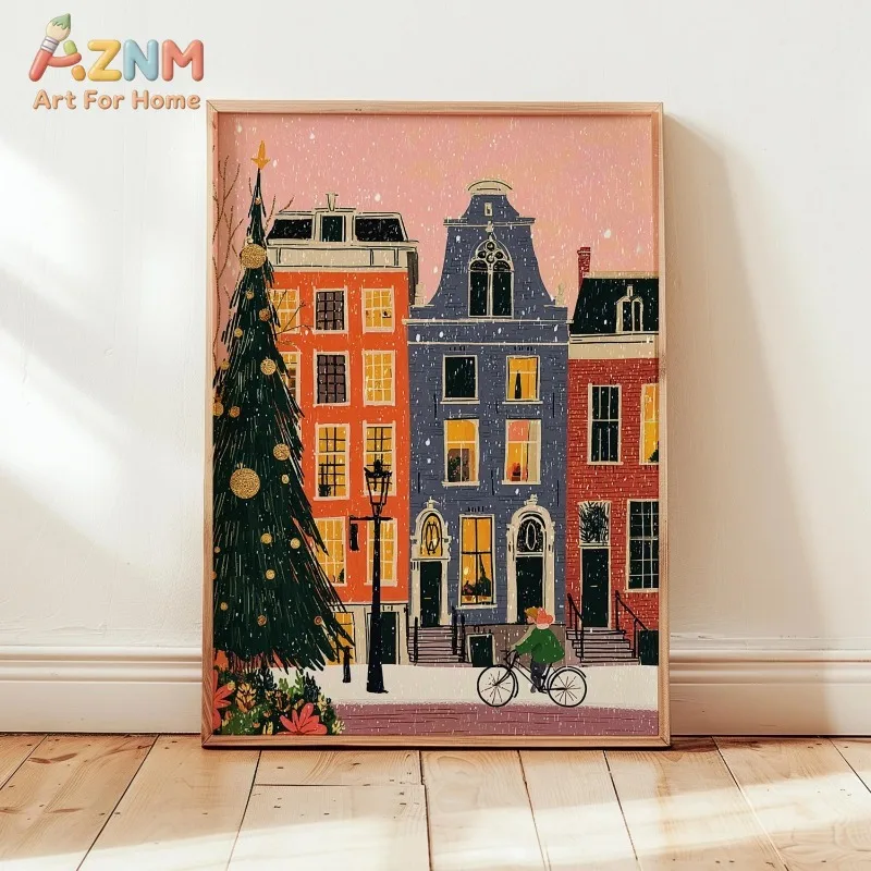 Christmas City Canvas Wall Art Dutch Canal Houses Bicycle Snowfall Scene Art Print Winter Home Wall Print Unframed Canvas Poster