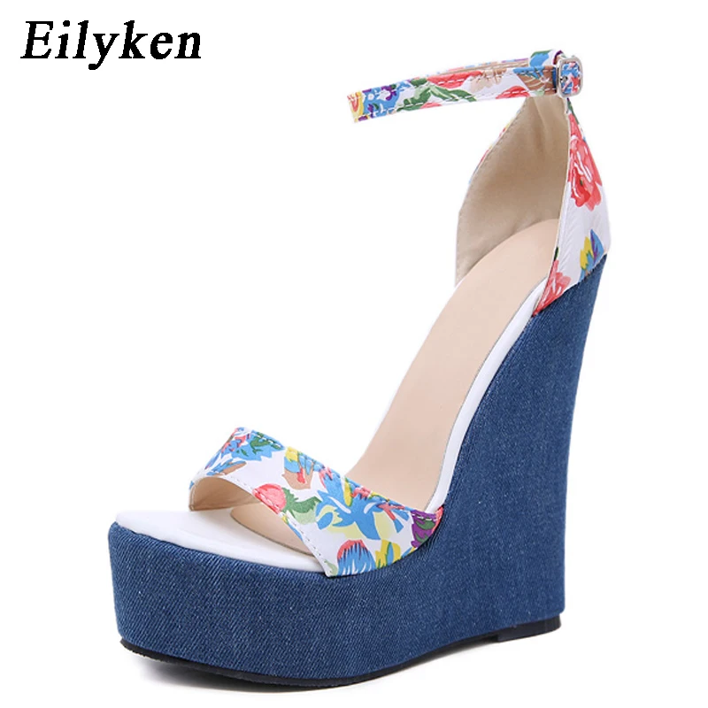 Eilyken Blue Print Denim Platform Wedges Women Sandals Sexy High Heels Buckle Strap Female Shoes Zapatos Mujer