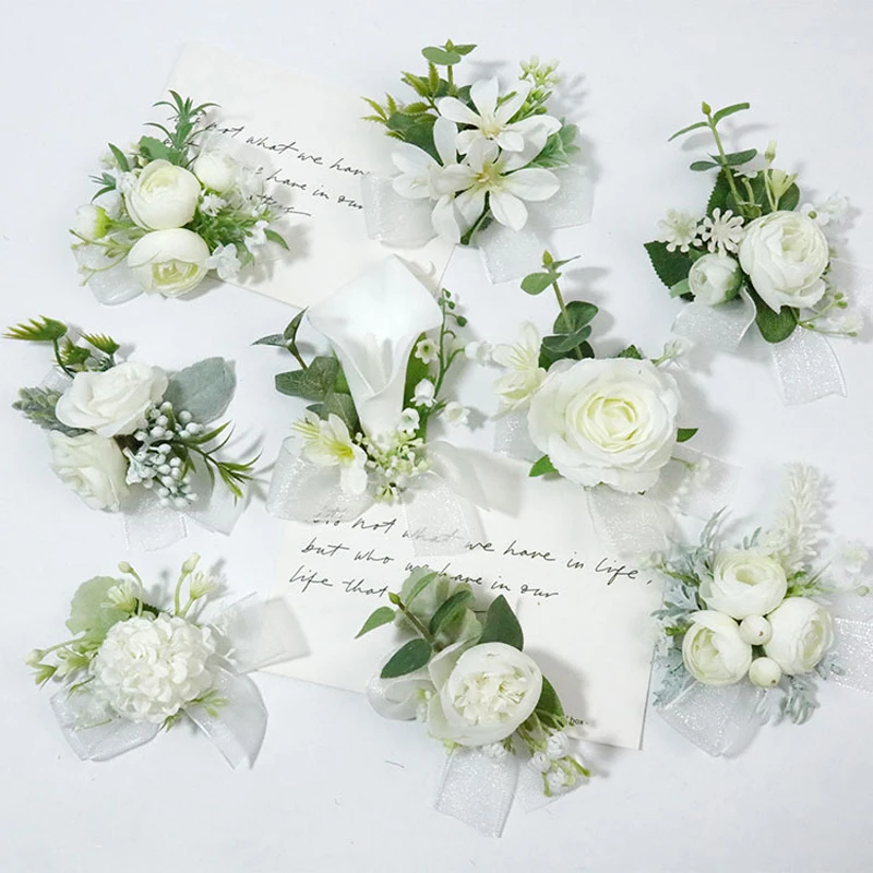 White Wedding Boutonniere Corsage Kunstmatige Bloemen Handgemaakte Bruidegom Pak Boutonniere Bruidsmeisje Accessoires