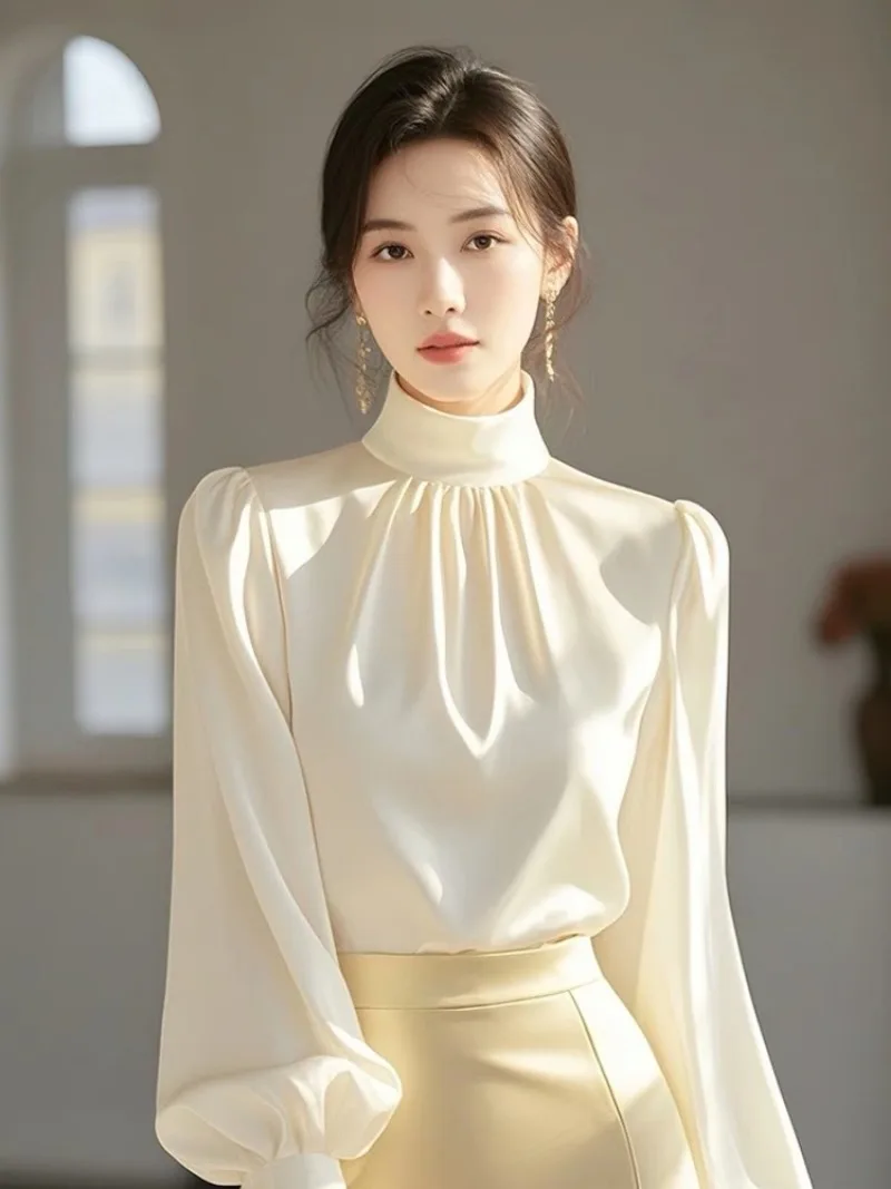 

New French Autumn Blouse Women Fashion High End Design Sense Solid Color Long Sleeve Stand Collar Elegant Shirt Office Lady