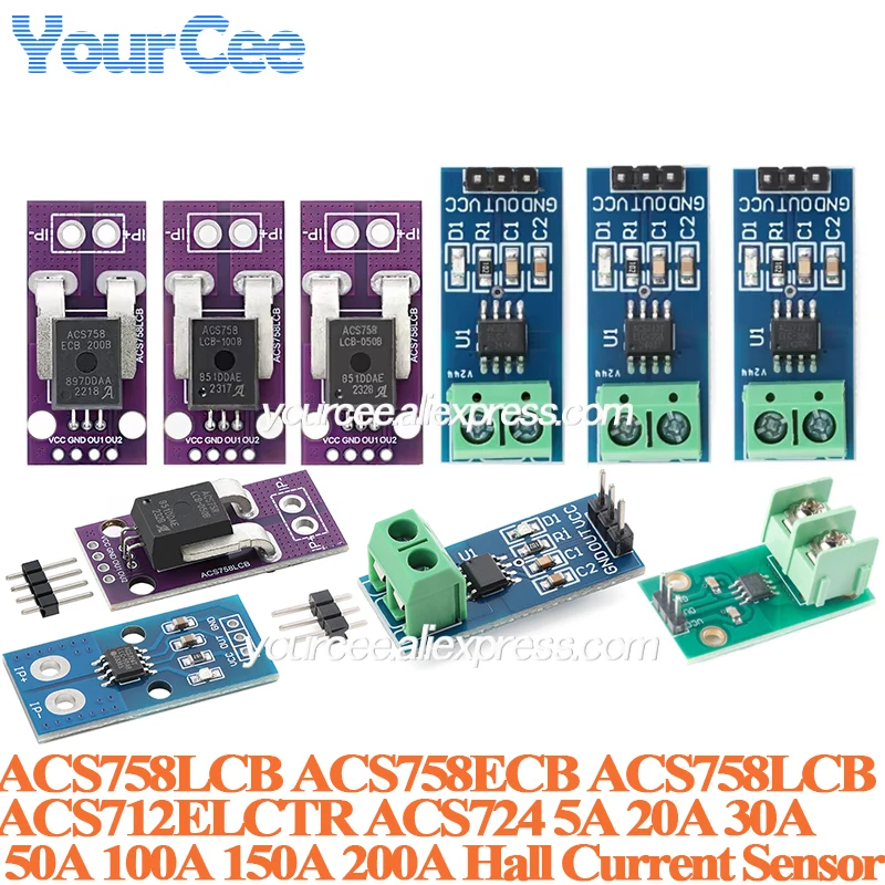 2pcs/1pc ACS758 ACS712 ACS724 ACS712ELCTR Hall Current Sensor Module 200A 150A 100A 50A 30A 20A 5A ACS758ECB Hall Current Detect