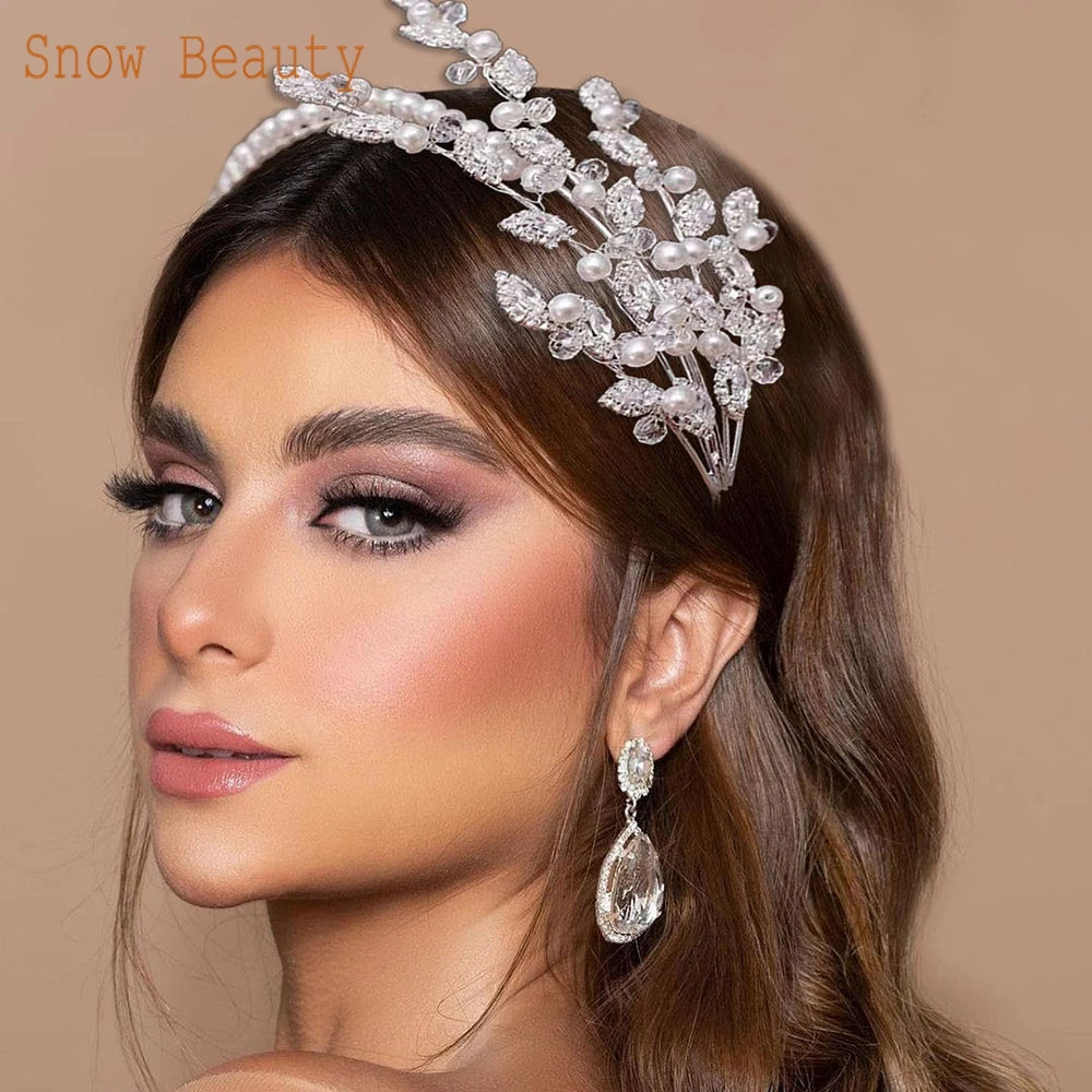 Diadema brillante de circonita para boda, accesorios para el cabello, tocado de novia de cristal, Aro para la cabeza de perla, pieza para el cabello