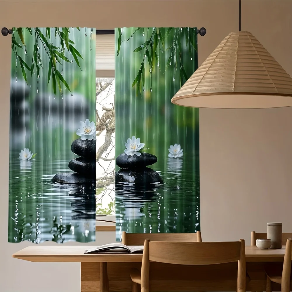 2pcs Zen Bamboo Curtains Raindrop Lotus Stone Print Drape Meditation Room Window Treatment Calming Nature Home Decor Panels