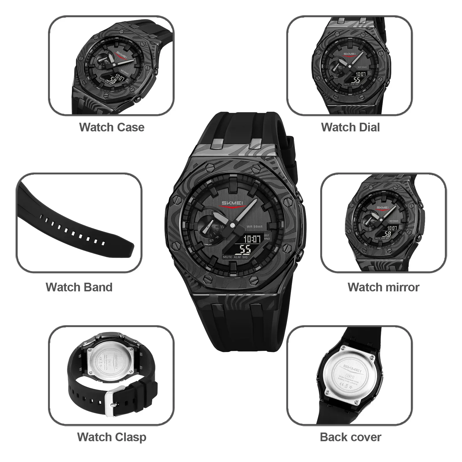 Skmei 2471 Light Dual Digital Display Quartz Waterproof Watches with Calendar Analog Stopwatch Timing Alarm Clock LED Night