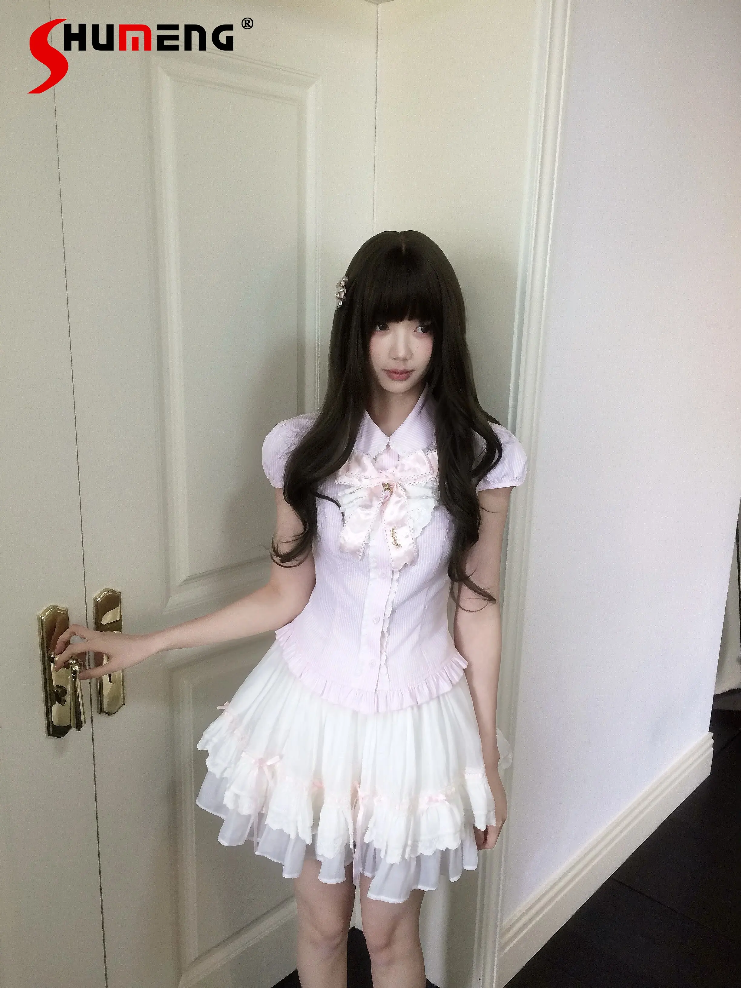 

Japanese Style Sweet Cute Lace Bow Striped Single-breasted Short-sleeve Shirt High-waist Versatile Skirt Two-piece Set for Women